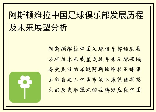 阿斯顿维拉中国足球俱乐部发展历程及未来展望分析